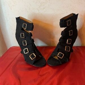 Beacon Strappy Black Heels with Gold-Tone Buckles